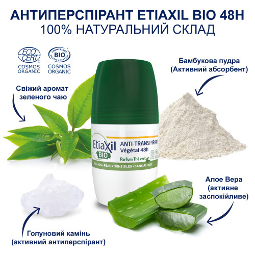 Etiaxil Anti-Perspirant Vegetal Protection 48H Roll-On Green Tea 50 мл Антиперспірант органічний з ароматом зеленого чаю для пахв