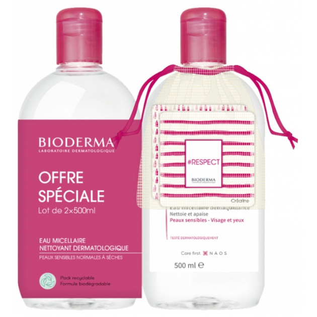 Bioderma Crealine (Sensibio) H2O Solution Micellaire 2 x 500 ml + 2 Cotons Lavables Міцелярна вода для чутливої шкіри з спонжиком