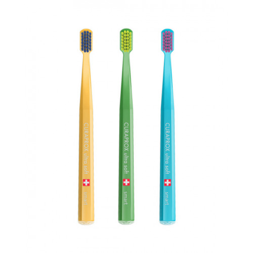CURAPROX smart ultra soft 5-12 Years Набір з 3-х зубних щіток середньої жорткості для дітей (жовта, зелена, блакитна)